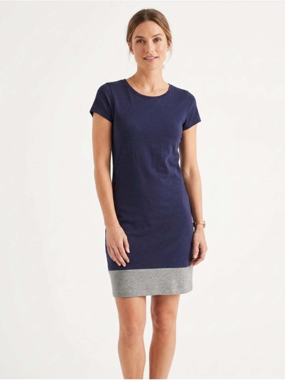 Boden Navy Blue Grey Colorblock T-Shirt Shift Dress Crew Neck Casual Mini US 12R